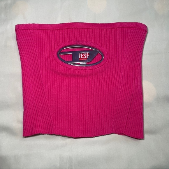 Diesel- Bandeau Top With Oval D Plaque Hot Pink Size M Ribbed Edgy Streetwear - Picture 2 of 6